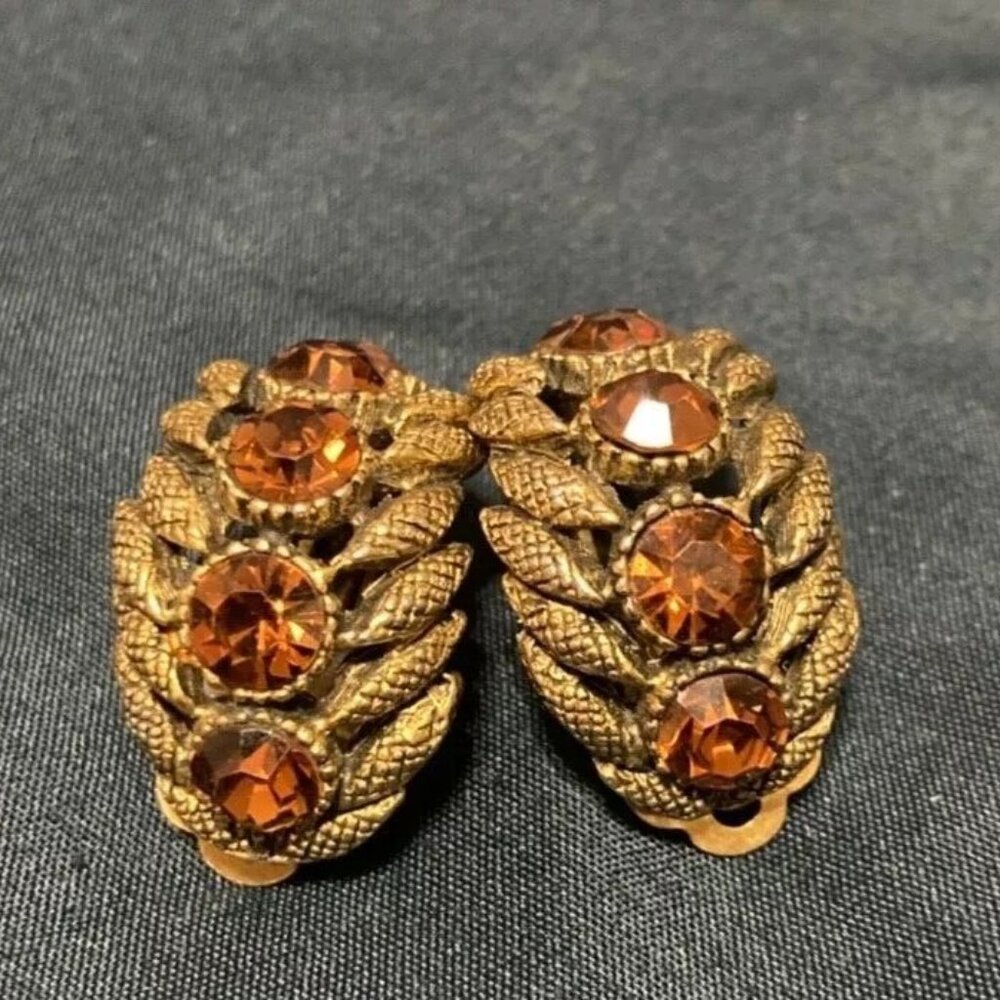 HAR Rare Signed Gilt Amber Rhinestone Earrings